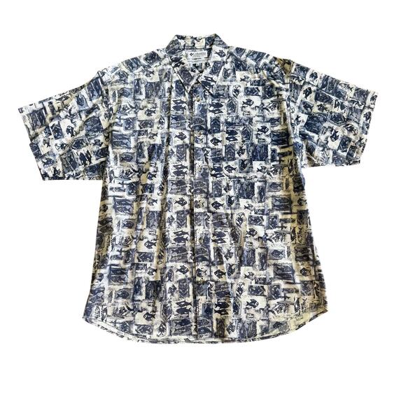 Columbia Batik Print Fish Button Down Shirt Men SZ XL Blue - Picture 1 of 9